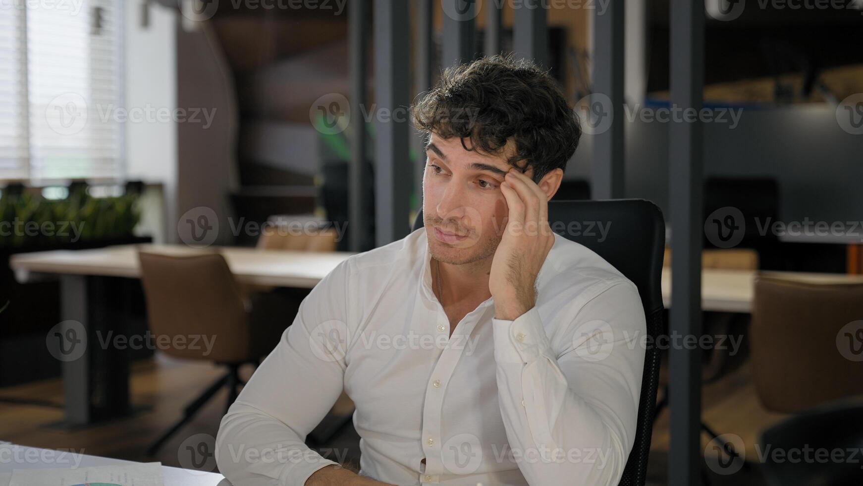 Sad frustrated disappointed business man employer leader company CEO boss recruiter male hr manager stressed businessman headache failure problem health trouble upset lost lose migraine symptom ill photo