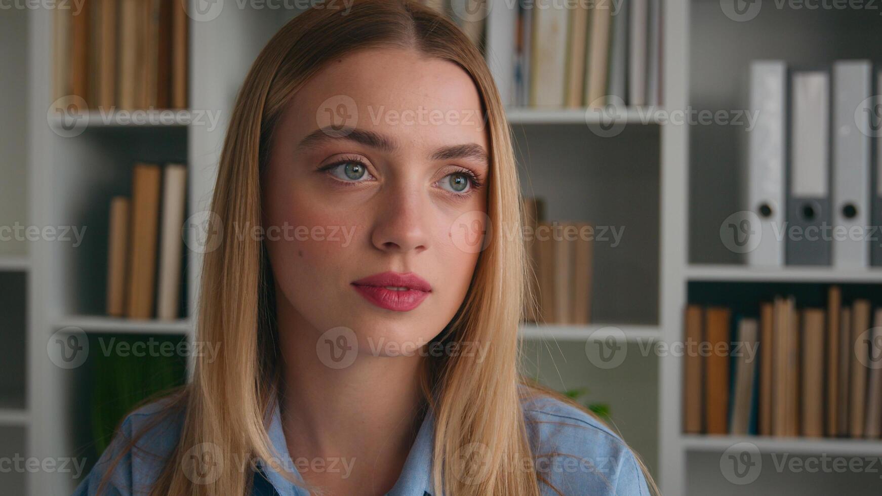 Caucasian dissatisfied negative disappointed frowning student girl in library woman waving head no index finger answer deny rejection never not reject gesture Businesswoman at office forbid refusal photo