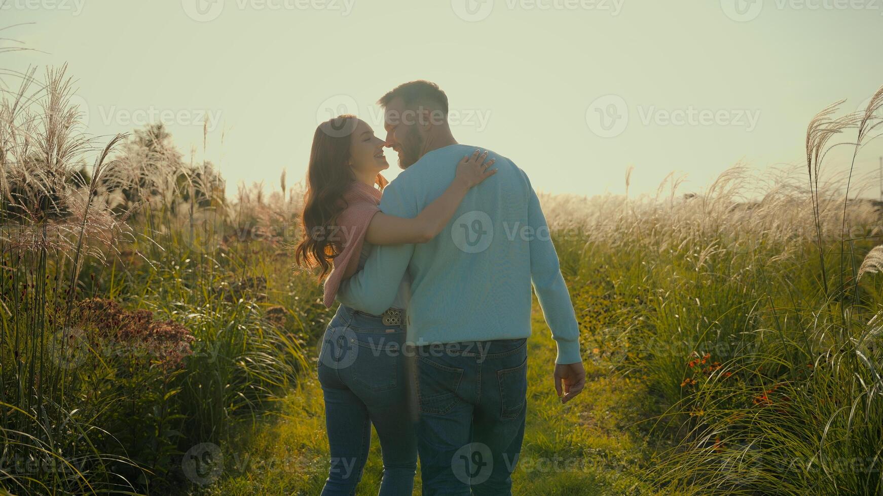 Back view happy family Caucasian married couple loving man kissing woman walk hugging embracing cuddle. Romantic spouses holding hands husband kiss wife stroll outside sunny morning wheat rural meadow photo