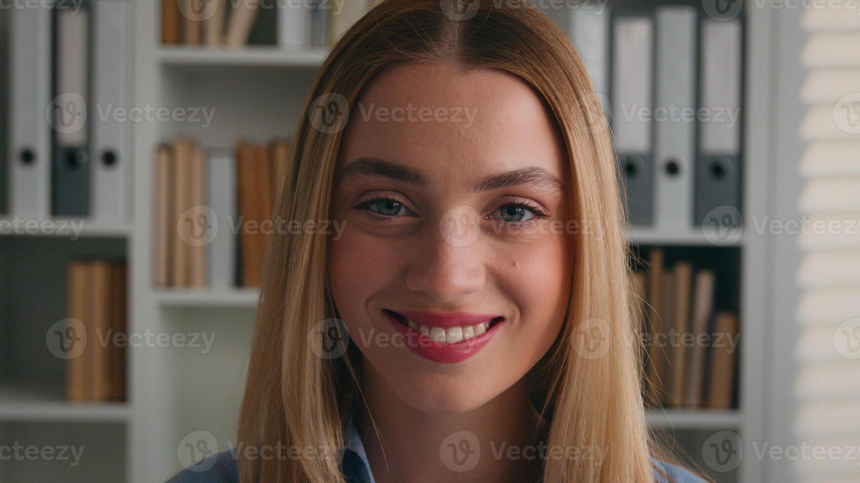 Close up headshot business portrait Caucasian smiling toothy woman smile white health teeth dental service happy businesswoman cheerful female office worker employer manager entrepreneur student girl photo