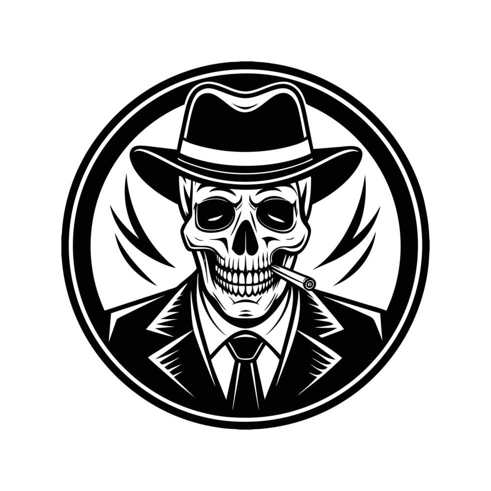 Skull in hat smoking cigarette in circle vector