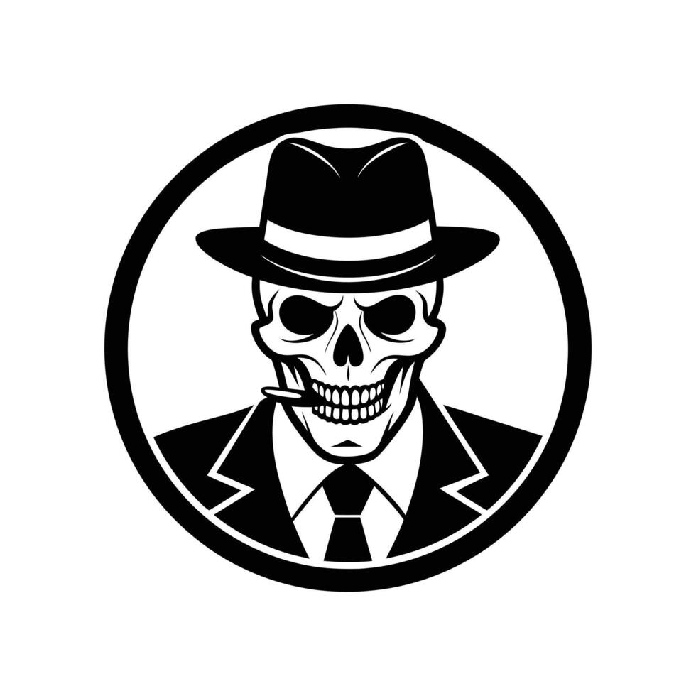 A skull wearing a hat and tie in a circle vector