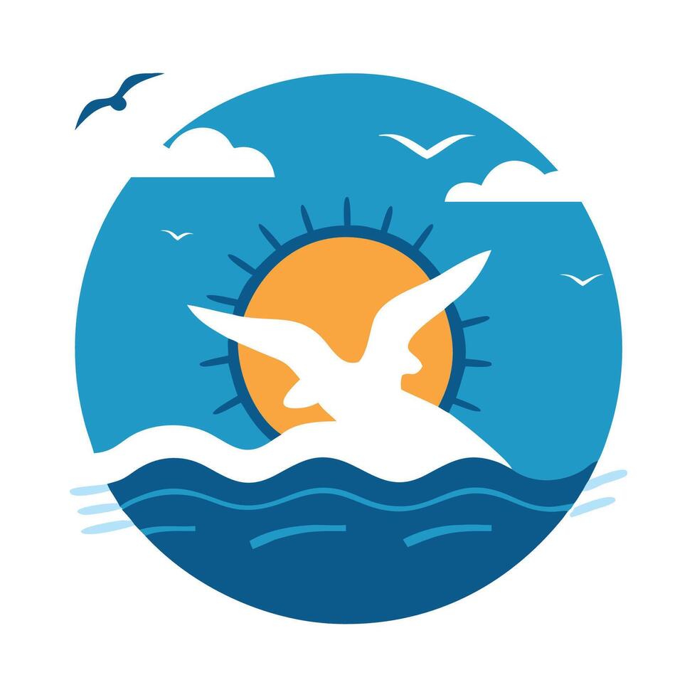 A bird flying over the ocean with the sun in the background vector