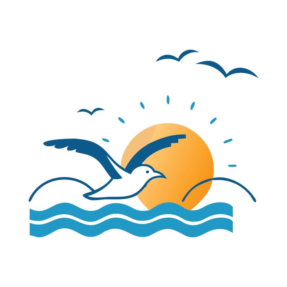 Seagull flying over the sea with sun in the background vector