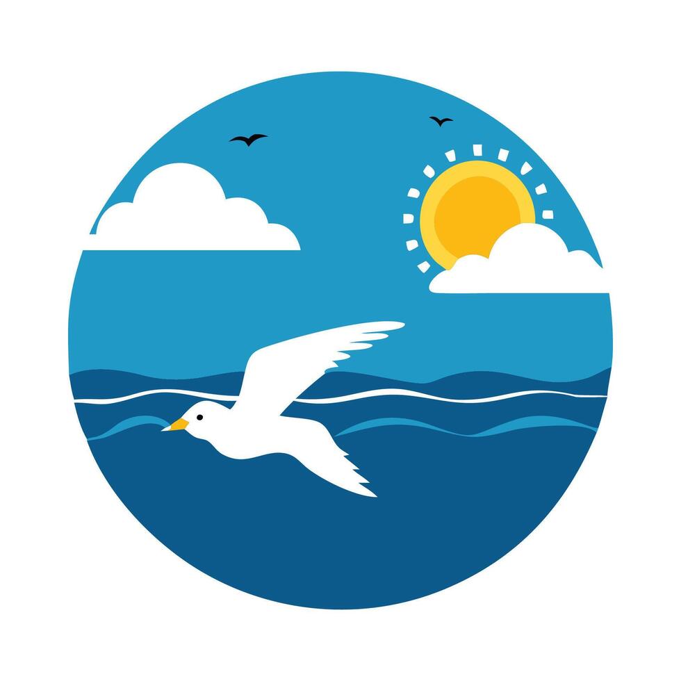 A bird flying over the ocean with a sun and clouds vector