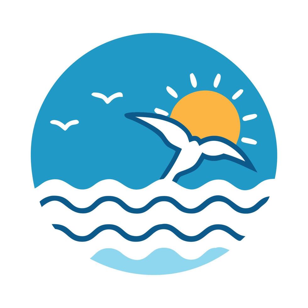 A bird flying over the ocean with waves and sun vector