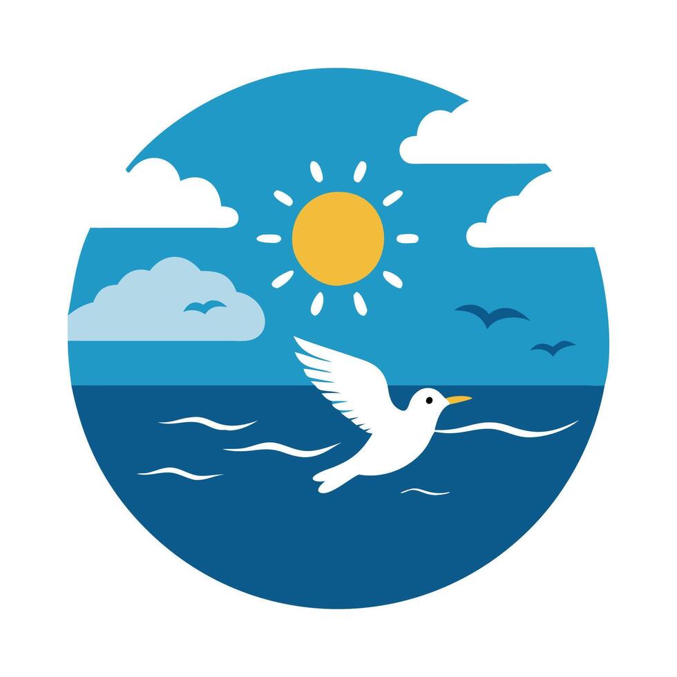 A bird flying over the ocean with a sun and clouds vector