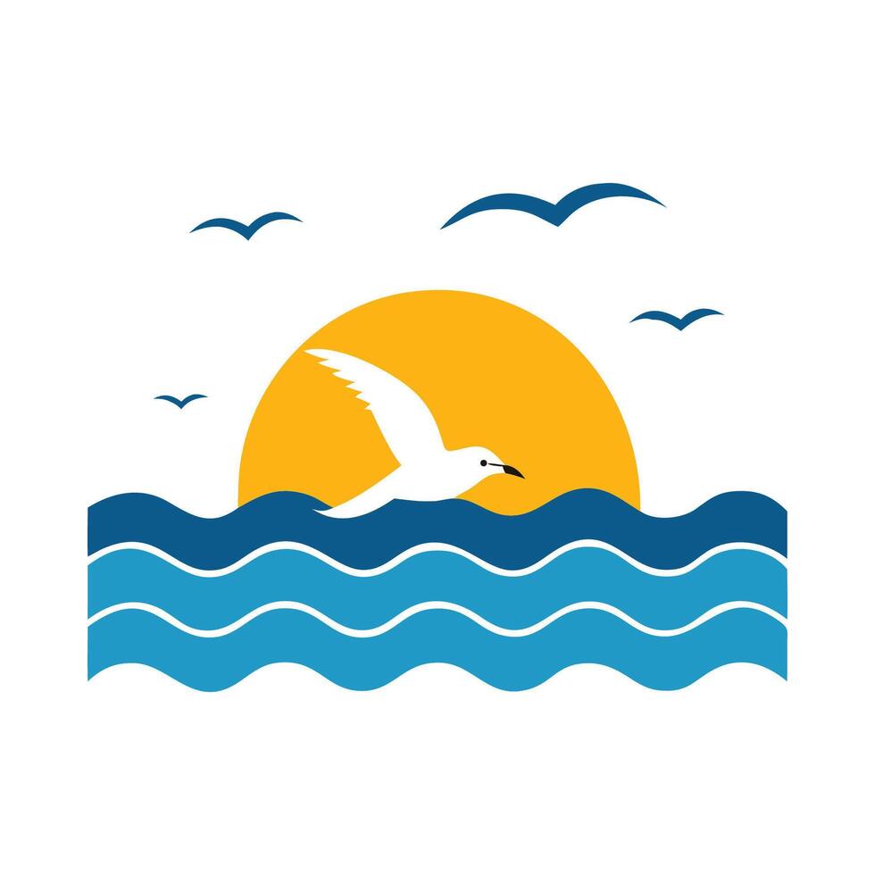 Seagull flying over the ocean with sun in the background vector