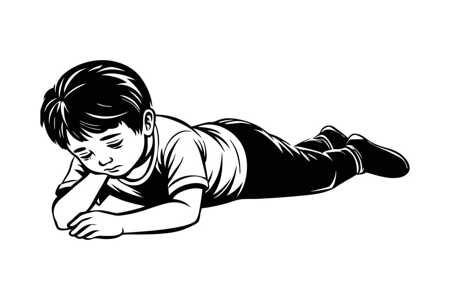 A black and white drawing of a little boy laying on the ground vector