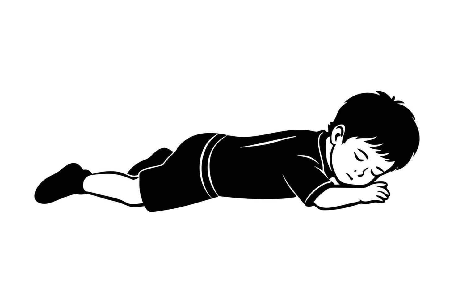 A black and white illustration of a boy laying on his stomach vector