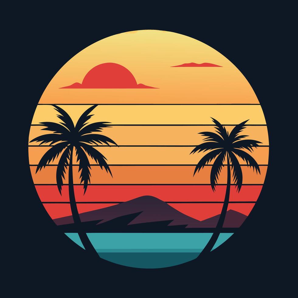 Retro style palm trees and sunset on a black background vector