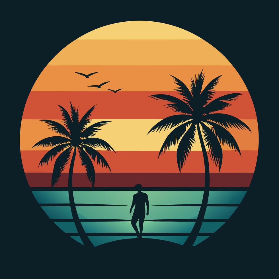 A man walking on the beach with palm trees at sunset vector