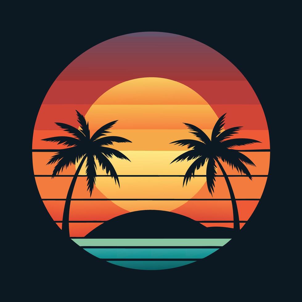 Retro style palm trees and sunset illustration vector
