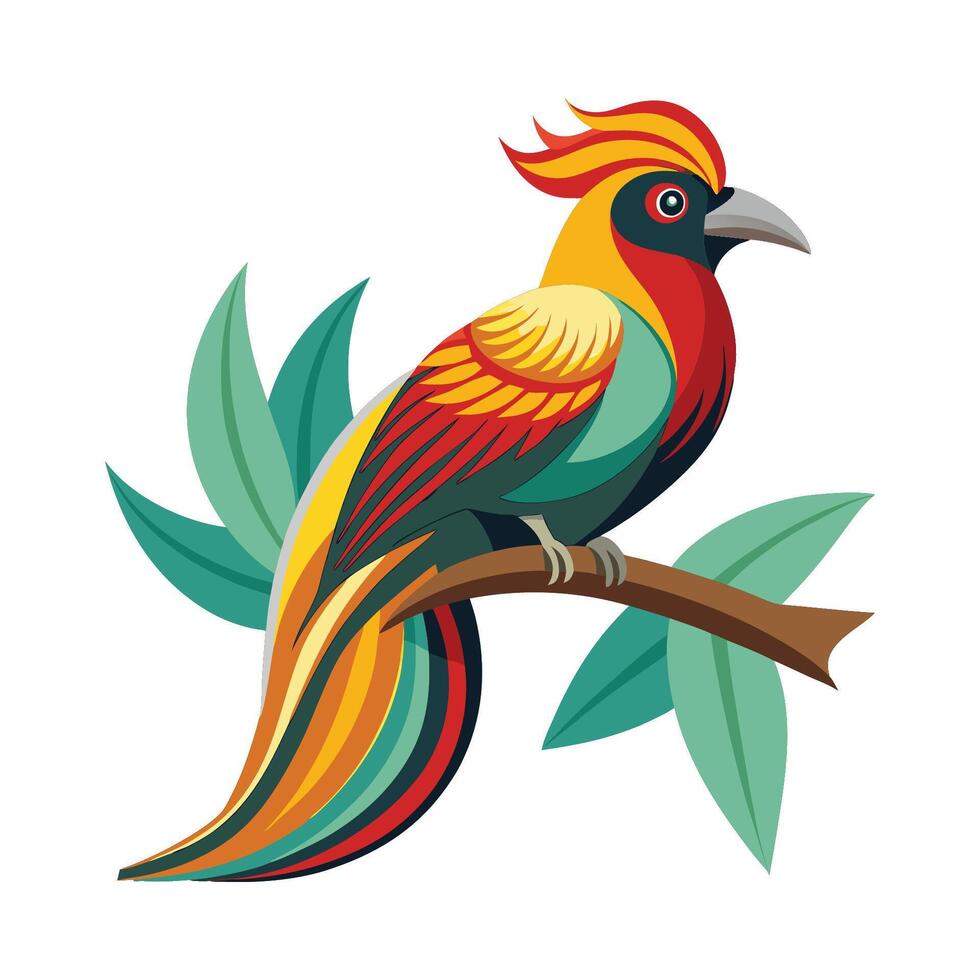 Colorful bird on branch with leaves vector