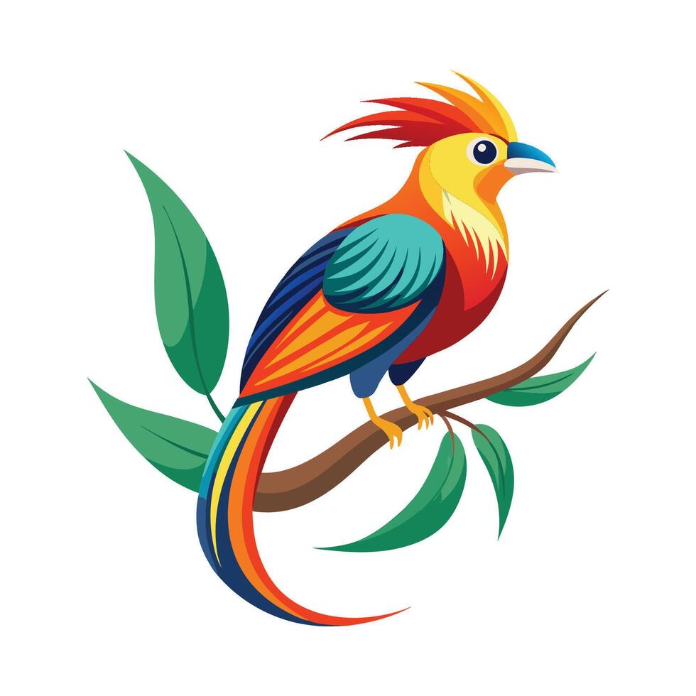 Colorful bird on branch with leaves illustration vector