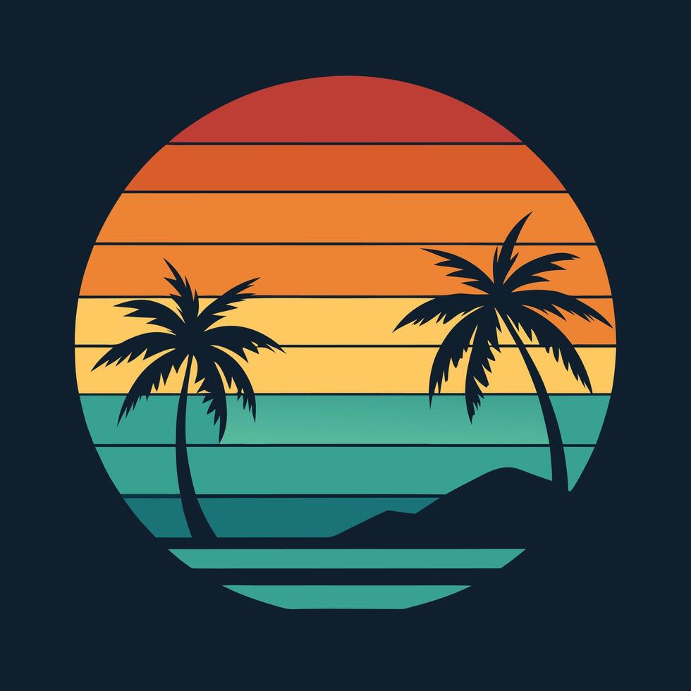 Retro style palm trees and sunset on a black background vector