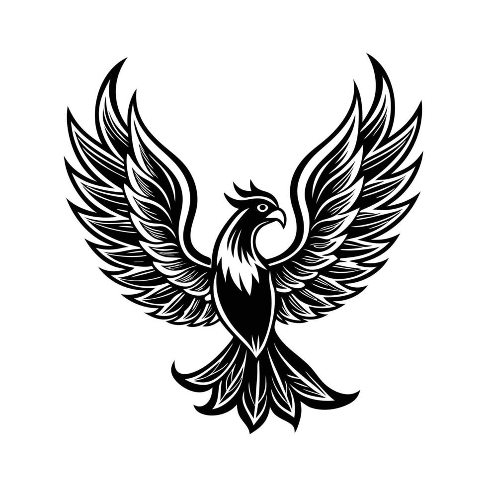A black and white phoenix bird with wings spread vector