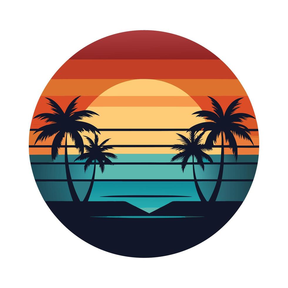 Retro style palm trees and sunset on the beach illustration vector