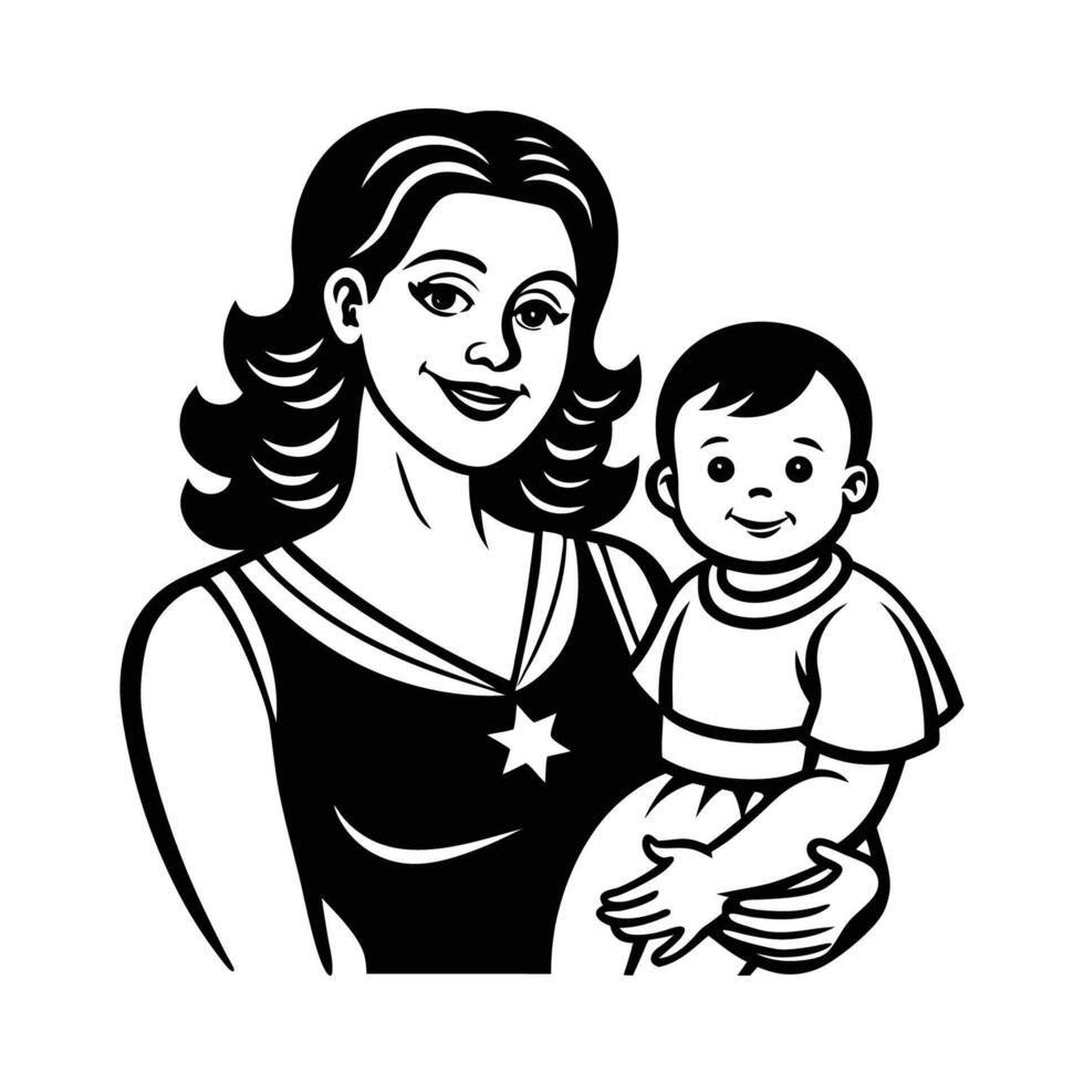 A black and white drawing of a woman holding a baby vector