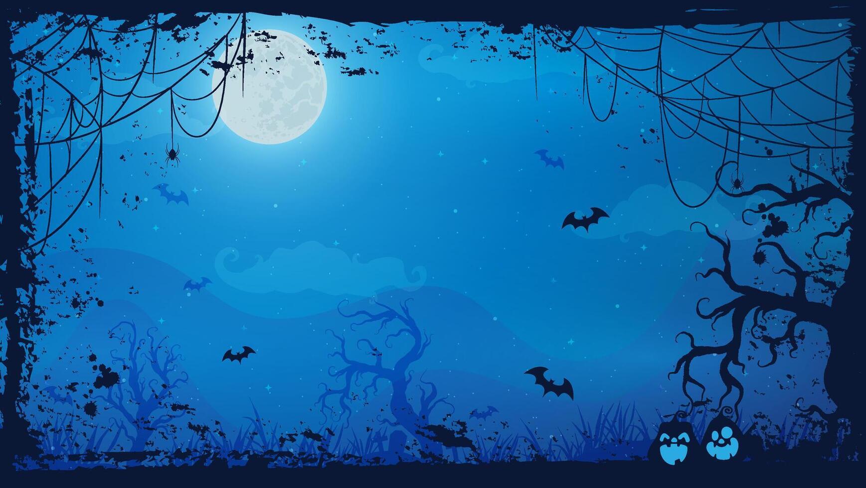 Halloween silhouettes in a haunting scene with eerie pumpkins. A full moon illuminates the creepy forest backdrop. vector