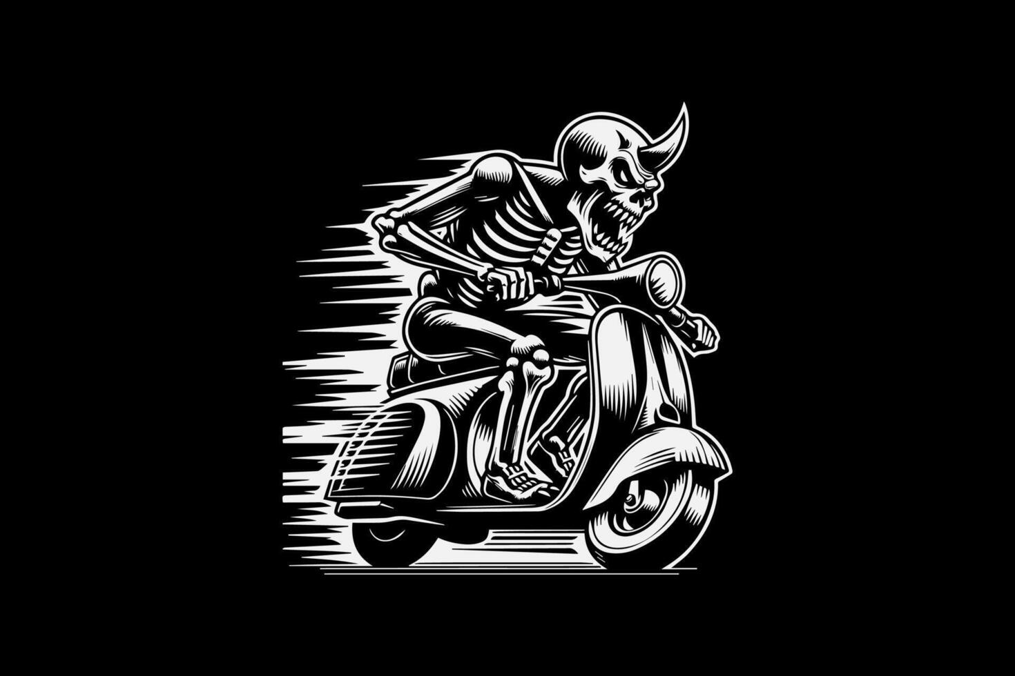 A skeleton riding a scooter on a black background vector