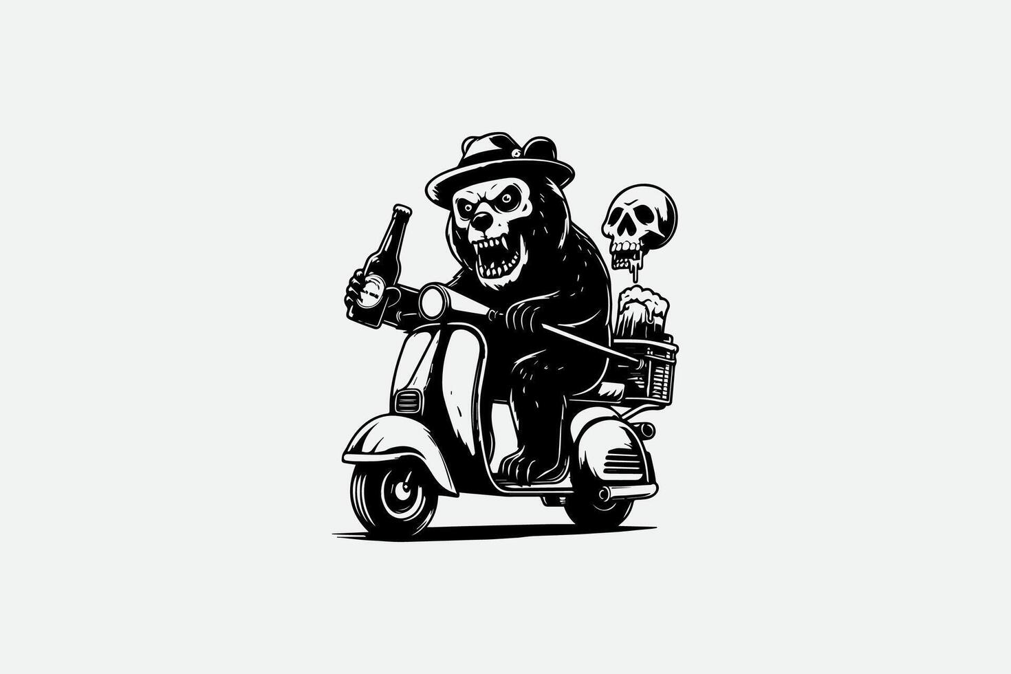 A black and white logo of a man riding a scooter with a skull on it vector