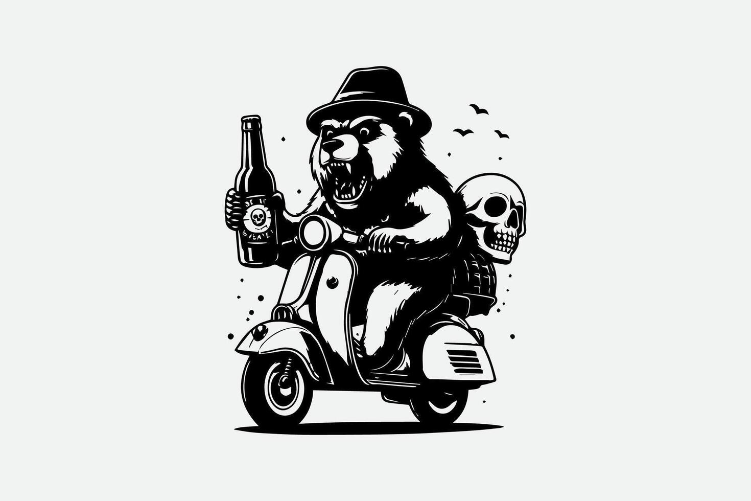 A bear riding a scooter with a skull and a bottle vector