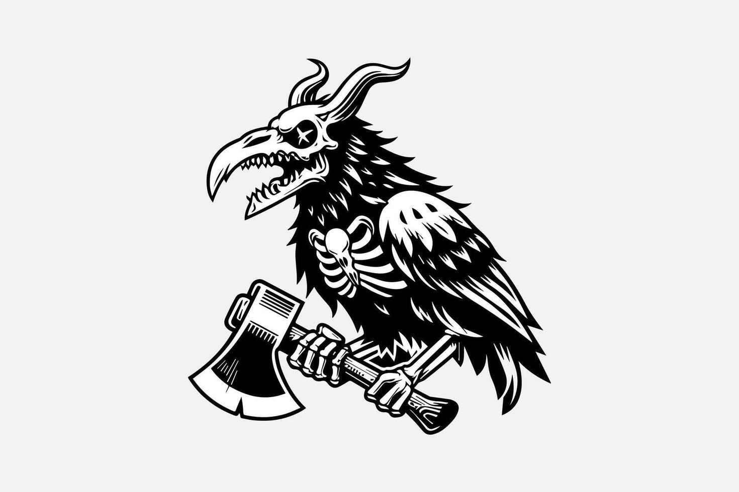 A black and white logo of a raven with an axe vector