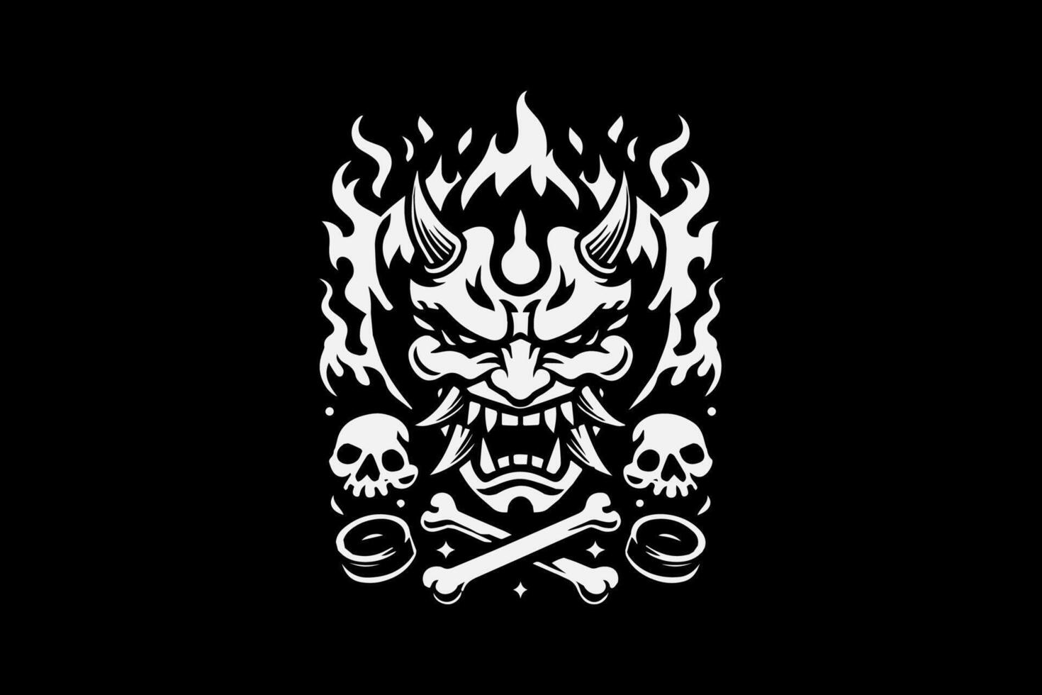 A black and white illustration of a devil with skulls and bones vector
