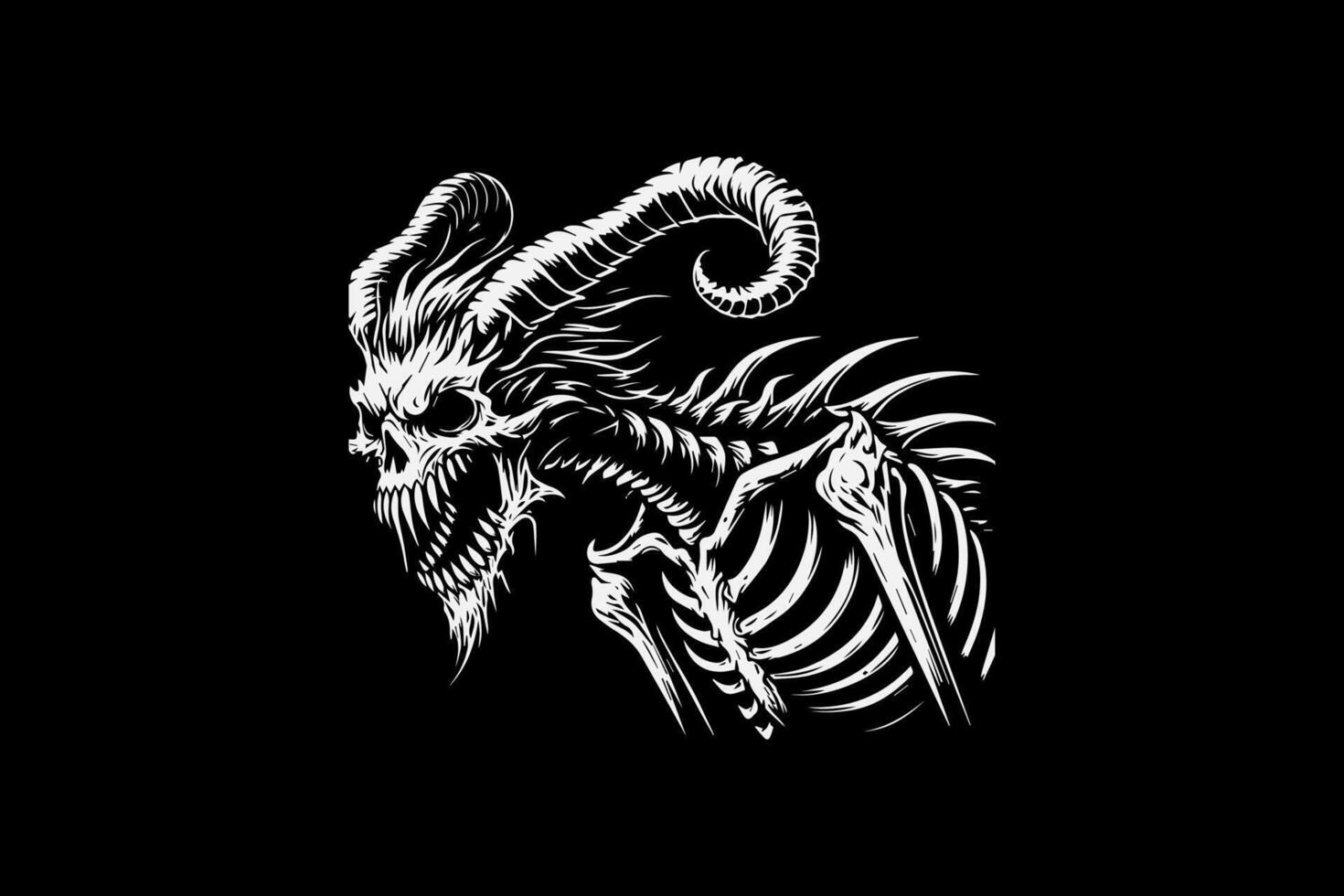 A black and white illustration of a demon with horns vector