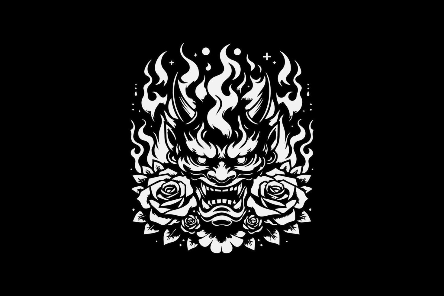 A black and white illustration of a demon with flames vector
