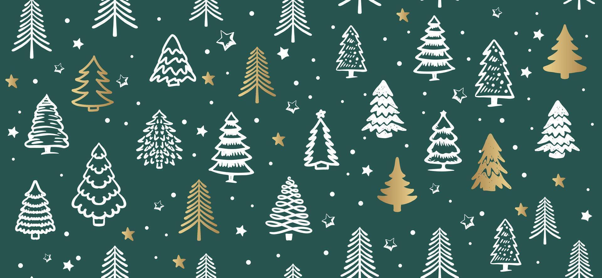 Christmas tree pattern on green background, Hand drawn illustrations. vector