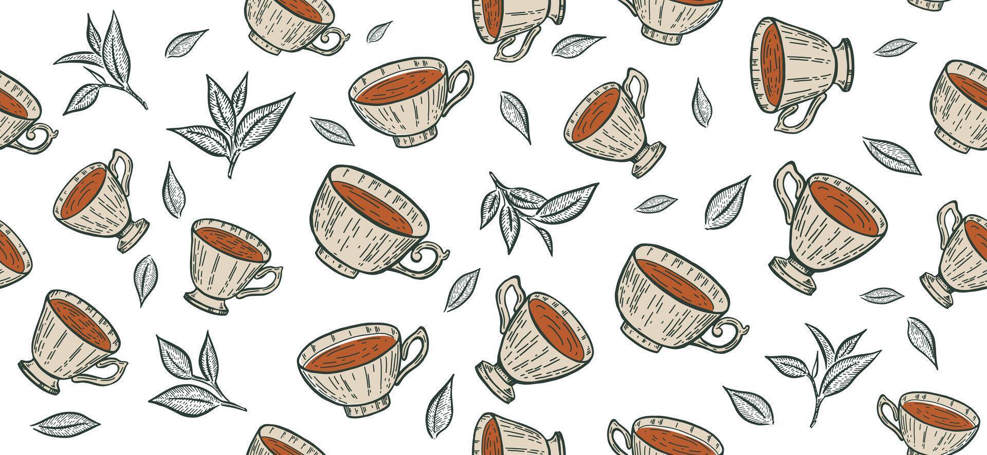 Pattern Cup of tea and Green leaves , hand drawn illustrations vector