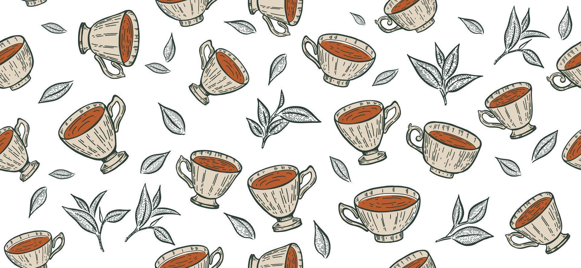 Cup of tea and Green leaves pattern on white, hand drawn illustrations vector