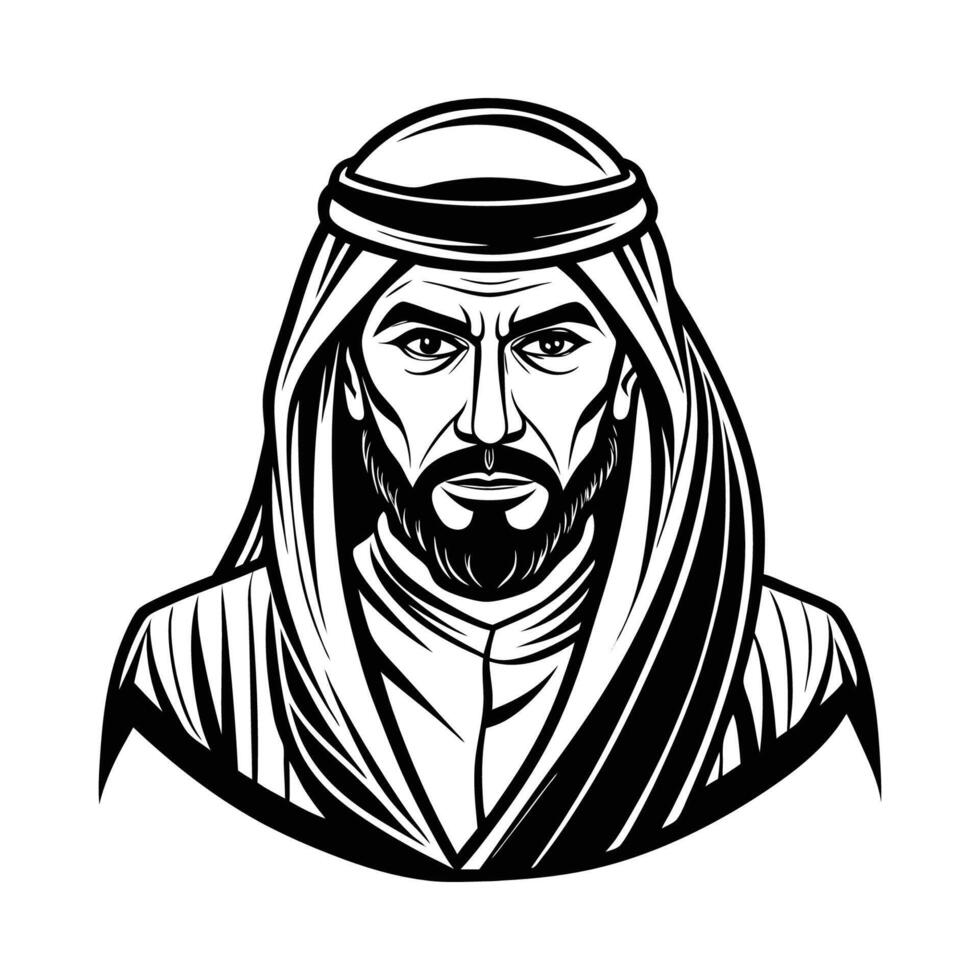 Arabic man with beard and beard, black and white vector