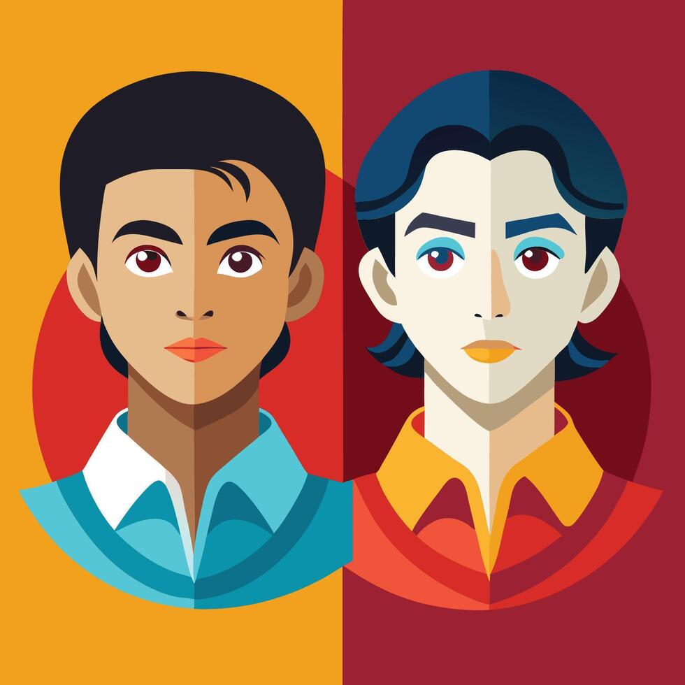 Two men with different colored hair and faces vector
