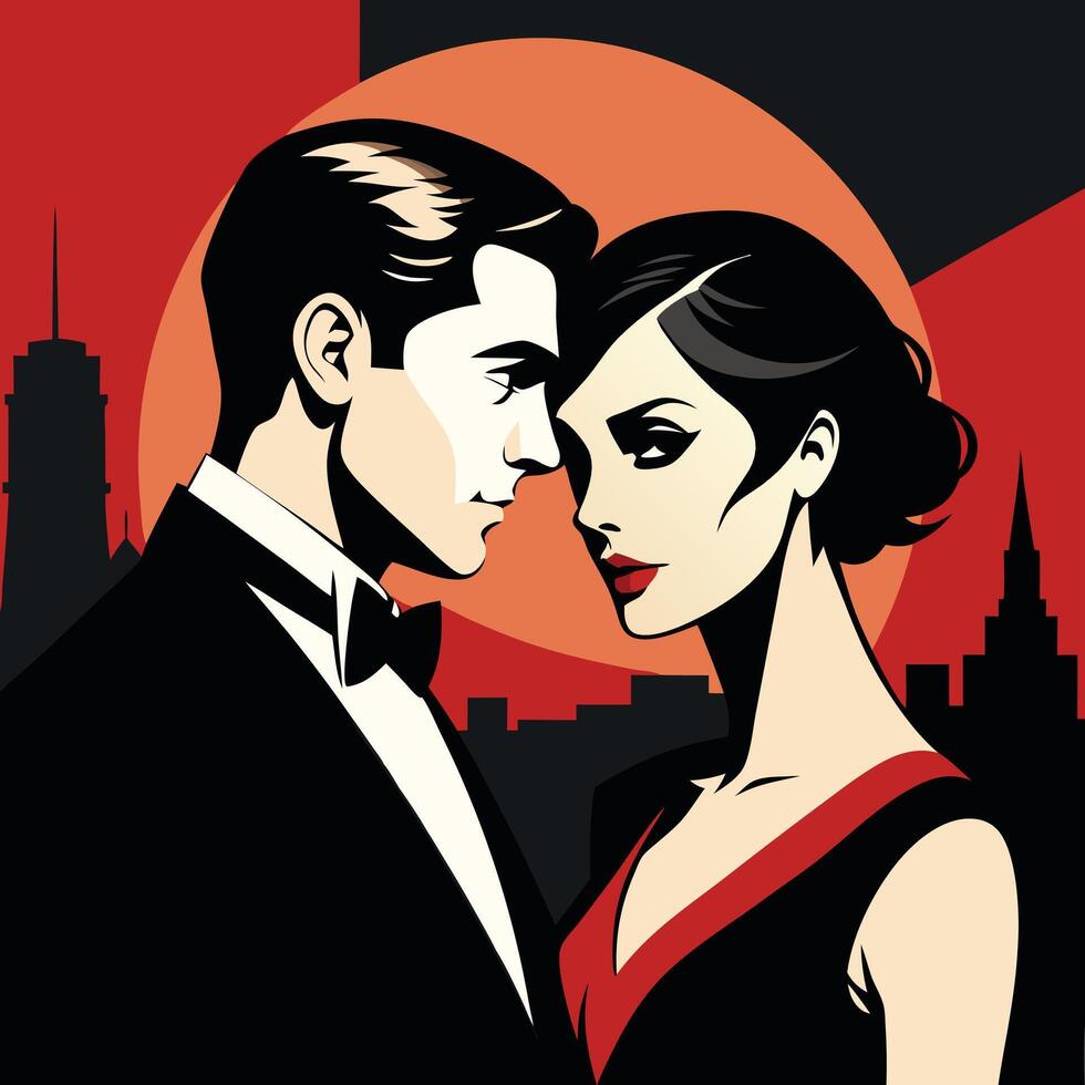 A man and woman in a suit and tie standing in front of a city skyline vector