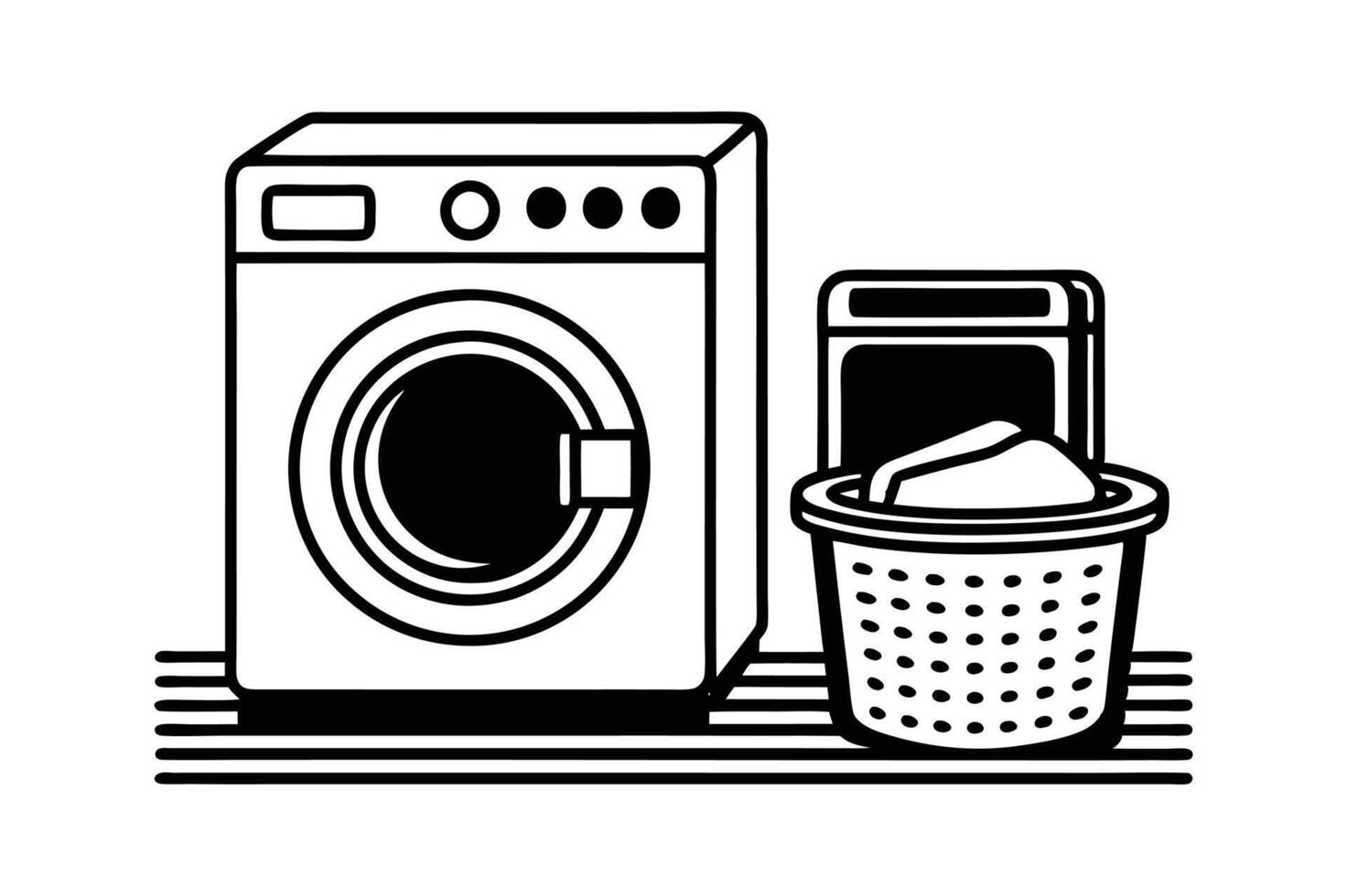 A black and white illustration of a washing machine and a basket vector