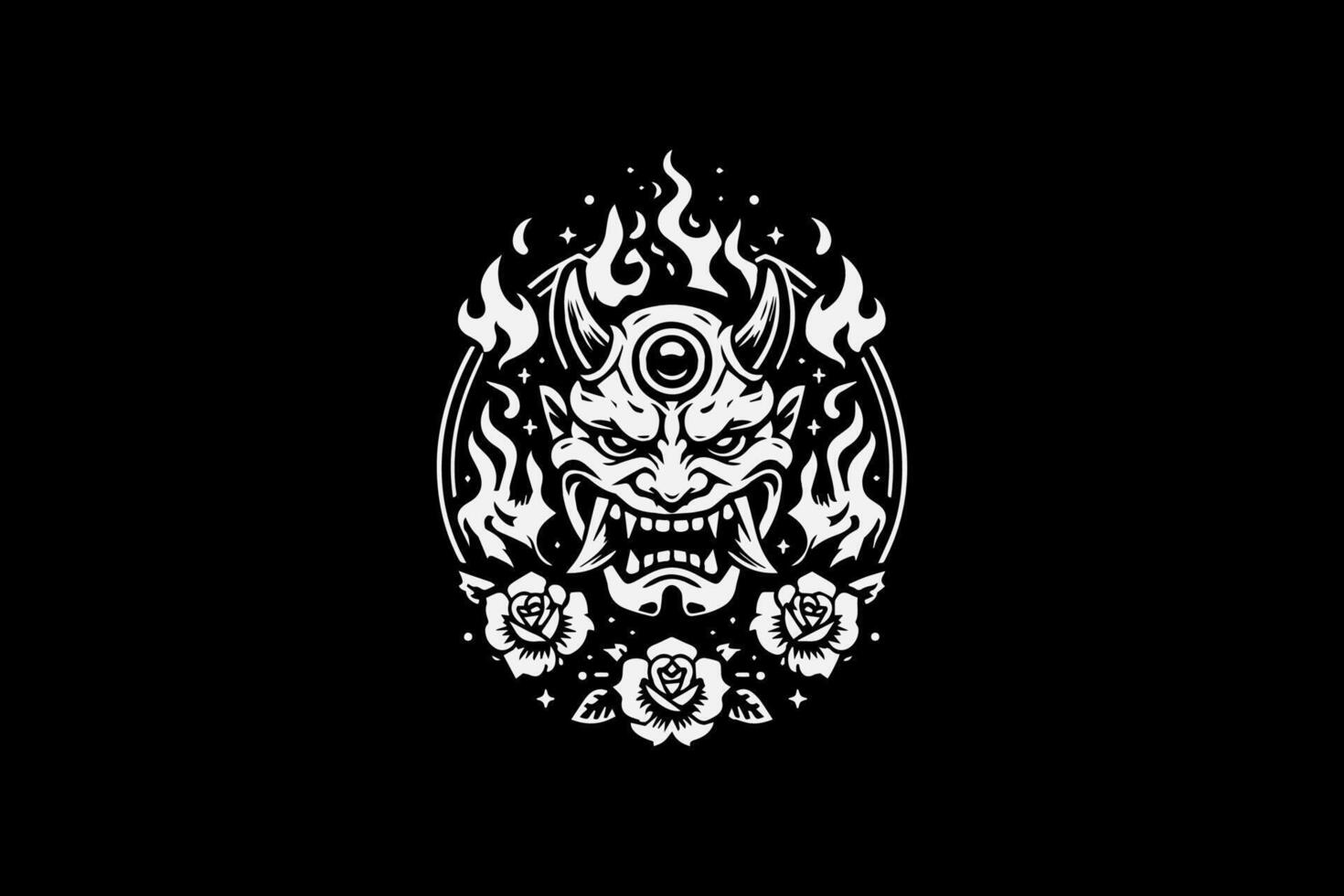 A demon head with flames and flowers on a black background vector