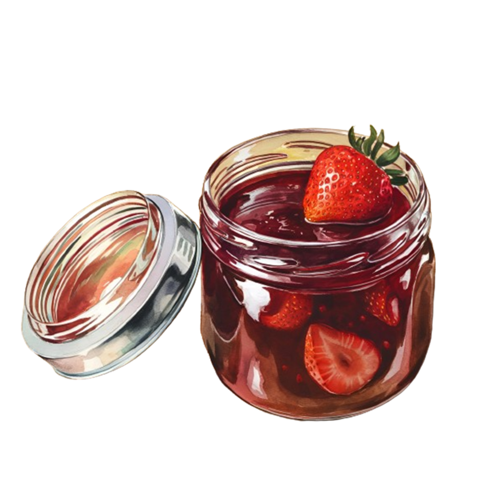 A jar of strawberry jam containing whole strawberries png