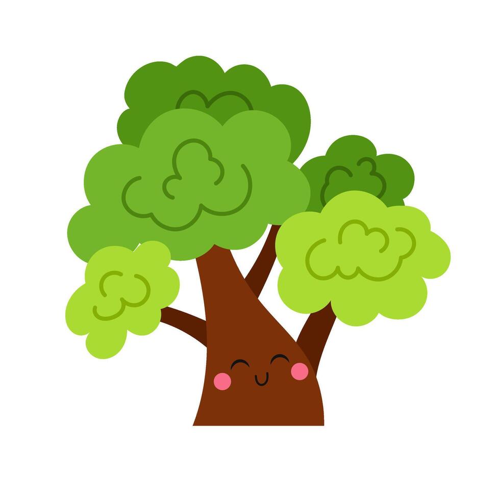 Cute tree character. Tree with green crown on white background. Kids illustration of tree in flat style. Isolated on white background. vector