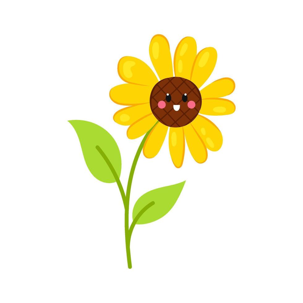 Cute yellow flower. Cartoon flower with funny face in flat style isolated on white background. Kids character. vector