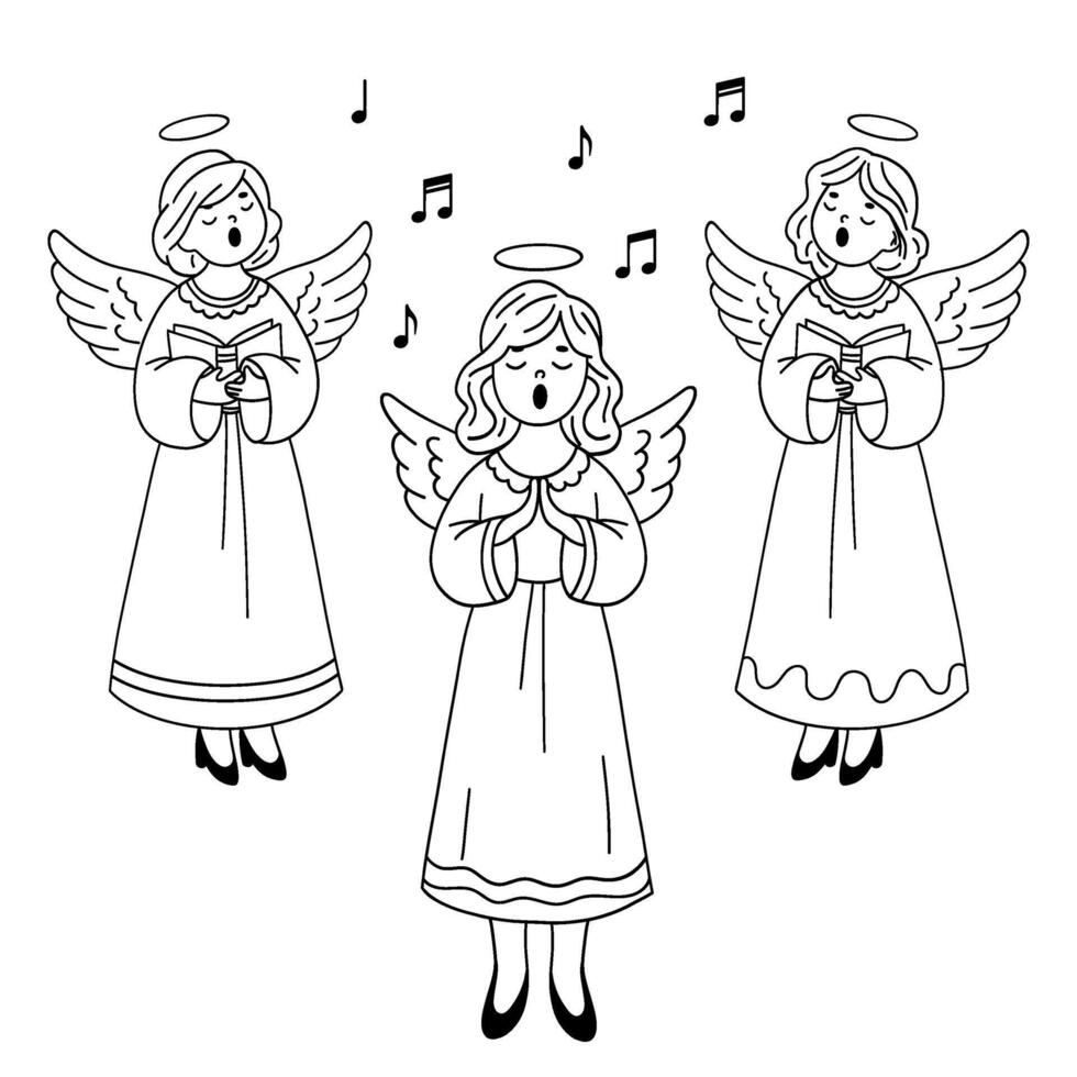 Christmas Angel. Set of Linear Illustrations of Angels. Angel Sings a Christmas Song. Black and White Outline Illustration. Christmas Doodles. vector