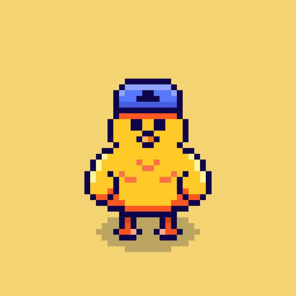 Pixel art duck with a cap game asset design vector