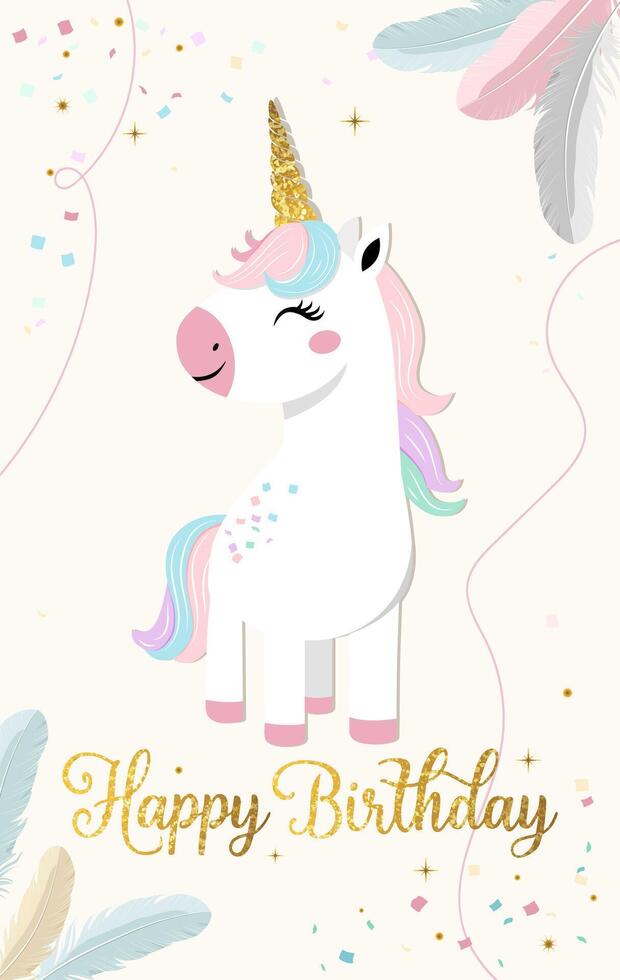 Happy birthday card with cute unicorn, golden lettering. Gentle unicorn Birthday template, greeting card, invitation vector