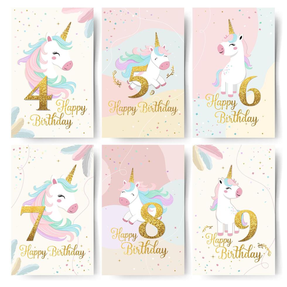 Set of Happy birthday cards with cute unicorn and golden numbers from 4 to 9. Gentle unicorn Birthday greeting card, invitation vector