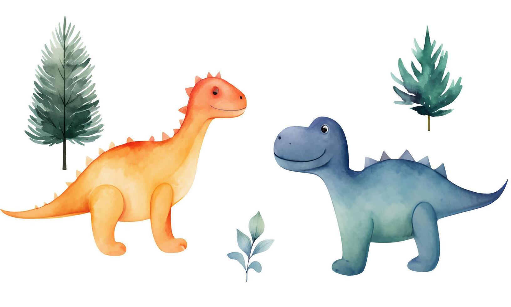 set of watercolor dinosaurs and trees. Cute hand drawn dinosaur illustrations. Little dinosaurs vector