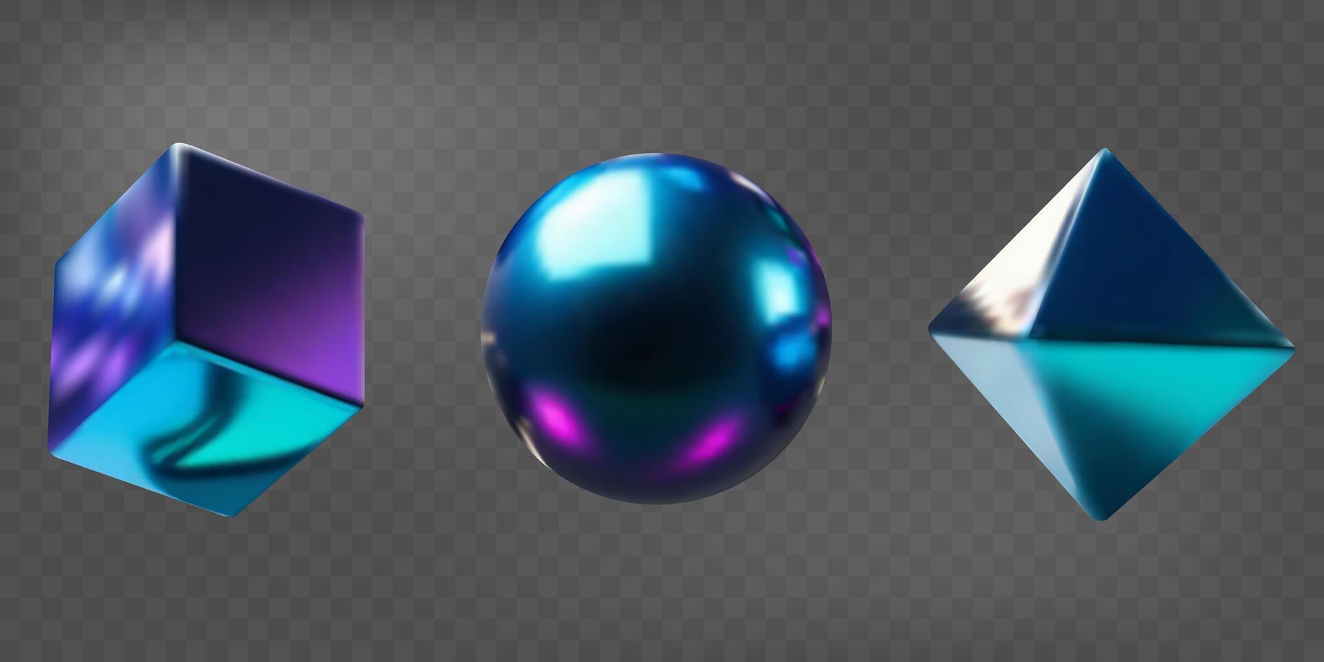 3d metal shapes set with holographic effect. Gradient geometric shapes. Fluid color. Ball, cube, pyramid vector