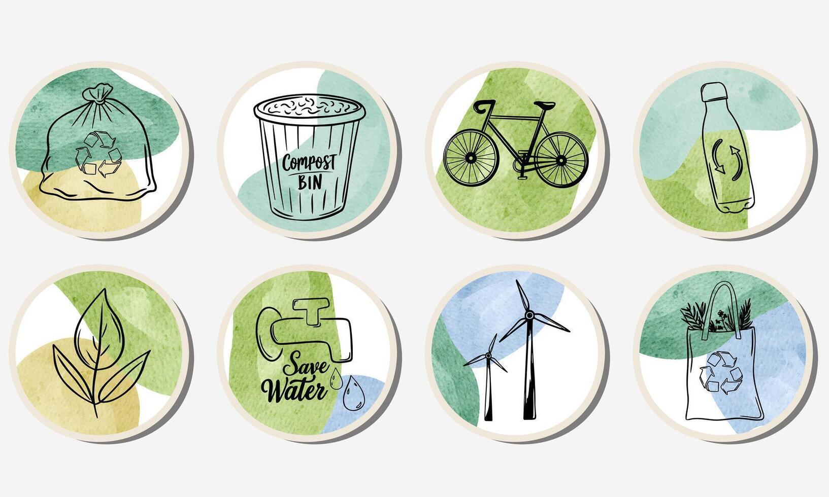 Set of ecology stickers with slogans and watercolor background. Save planet. Care for nature vector