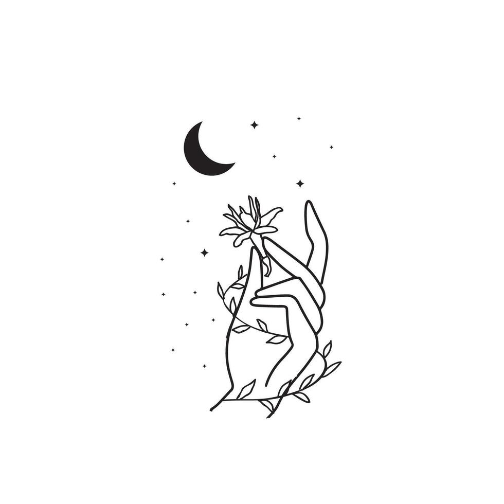 beautiful hand and flower moon sky star vector